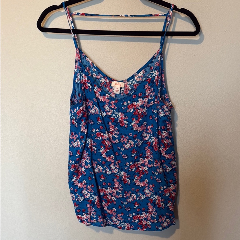 Pixley Tank Top Spaghetti Strap Bright Blue Floral Womens Medium Made USA Rayon